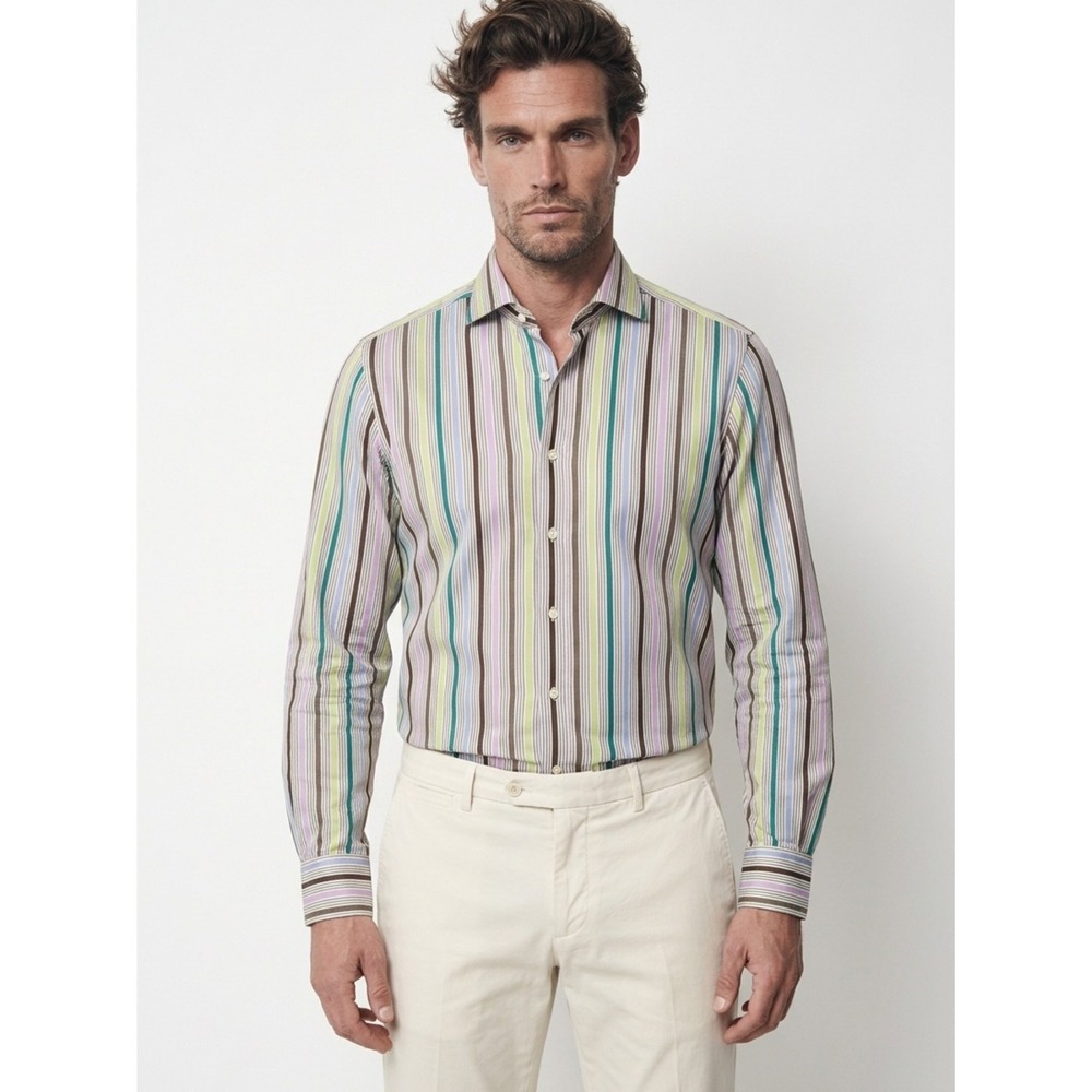 Etro Milano Mens Multi-Color Striped Long Sleeve Button Down Shirt Size 39 Italy